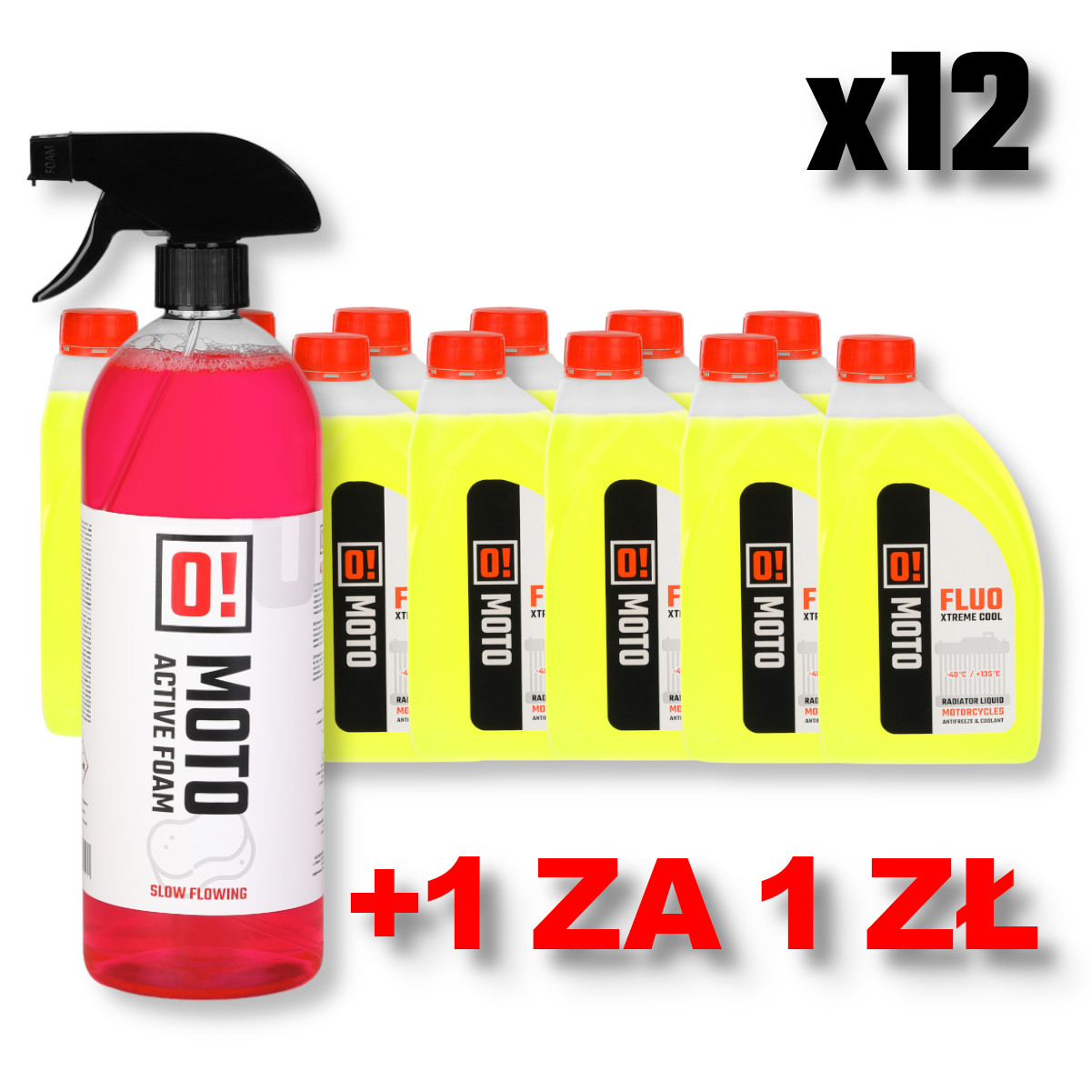OMOTO sada 12 kusů chladící kapalina 1L O! FLUO XTREME COOL + OMOTO prostředek na mytí motocyklu (aktivní pěna) 1L O! ACTIVE FOAM